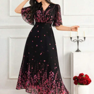 Floral Printed V-Neck Flutter Sleeves Fit