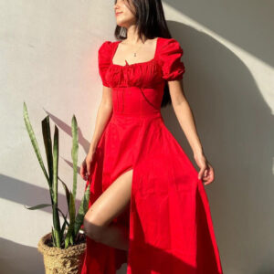 Puff Sleeve Cotton Corset Midi Dress