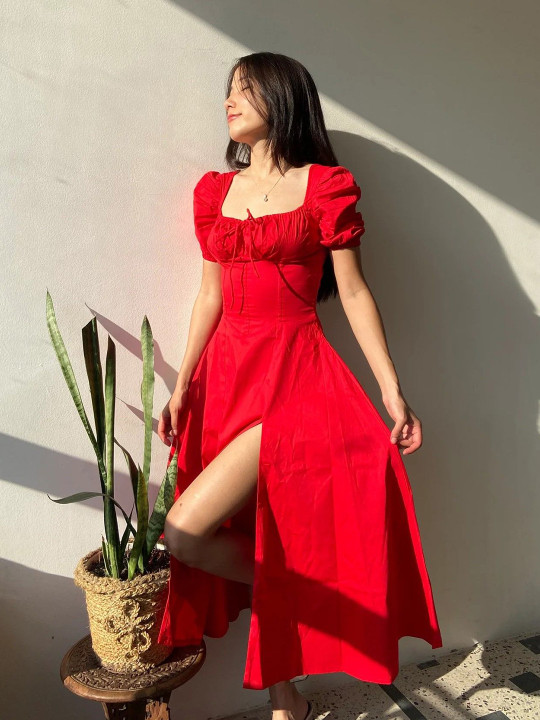Puff Sleeve Cotton Corset Midi Dress