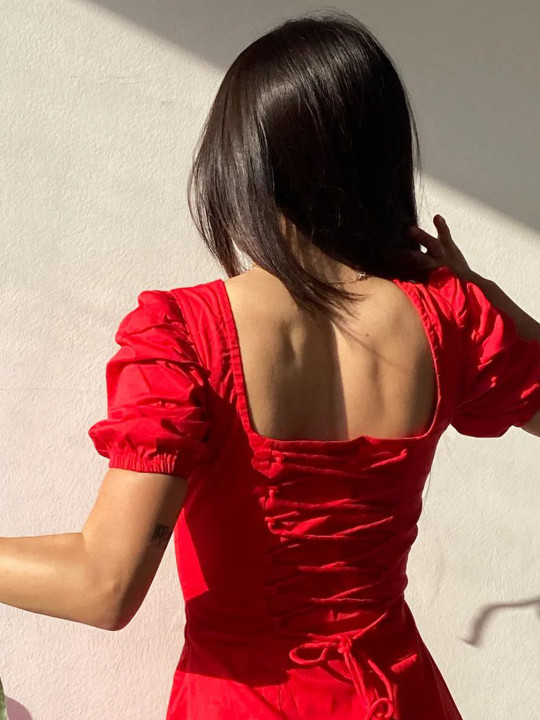 Puff Sleeve Cotton Corset Midi Dress - Image 5
