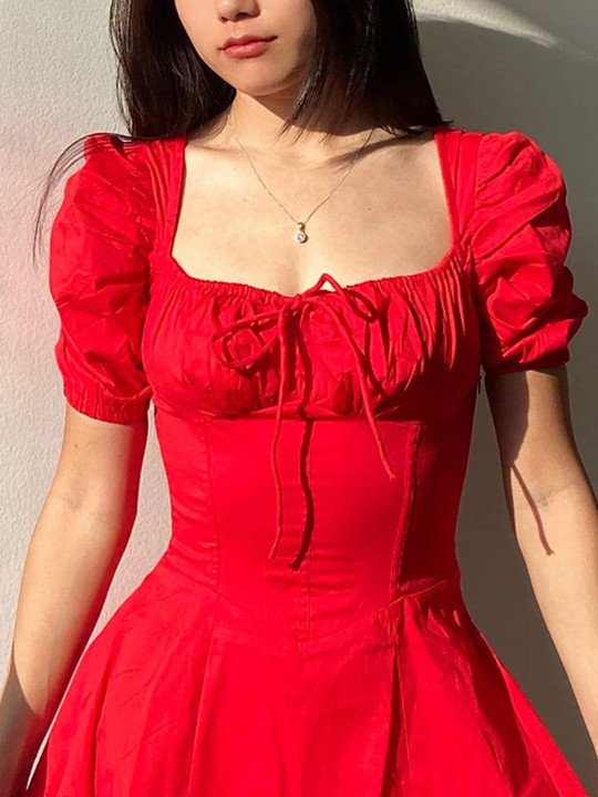 Puff Sleeve Cotton Corset Midi Dress - Image 4