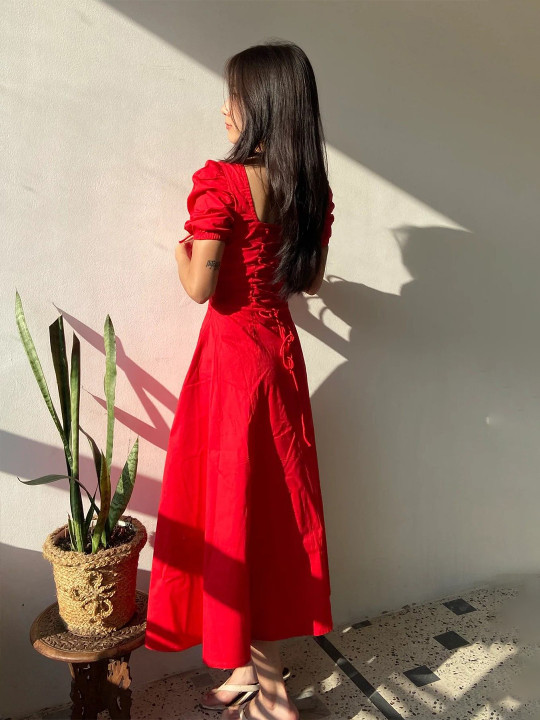 Puff Sleeve Cotton Corset Midi Dress - Image 3