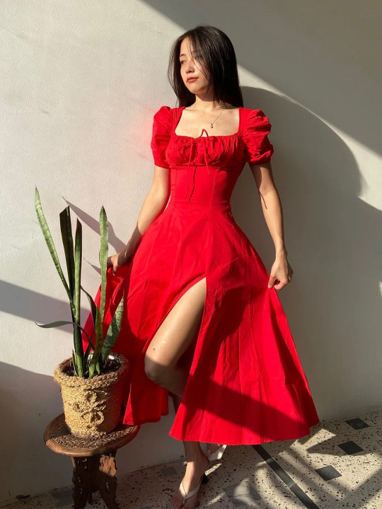 Puff Sleeve Cotton Corset Midi Dress - Image 2