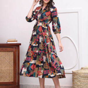 Women Abstract Printed Mandarin Collar A-Line Dress